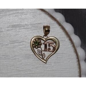 10k Yellow Gold 15 Years Rose Gold Green Stone Flower Pendant 1.2G / 0.9in